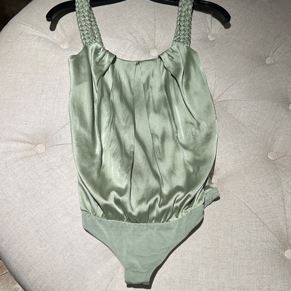 Marciano Sage Green Satin Braided-Strap Bodysuit